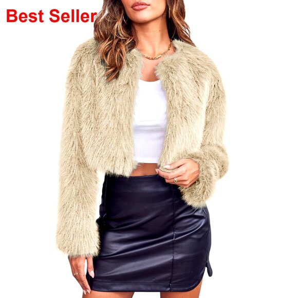 Faux Fur Cropped Jacket Open Front Cardigan Fluffy Parka